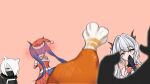  1other 3girls animal_ears arknights bare_shoulders black_gloves black_jacket blue_eyes blue_hair blurry blurry_foreground blush bow bowtie ch'en_(arknights) christmas commentary_request covered_mouth covering_own_mouth depth_of_field dragon_girl dragon_horns dragon_tail dress ear_piercing food fur-trimmed_dress fur-trimmed_headwear fur_trim gloves grey_eyes grey_hair hair_intakes hair_over_one_eye hat horns jacket long_hair looking_at_viewer mask mouth_mask multiple_girls piercing pink_background red_bow red_bowtie red_dress red_hat santa_costume santa_dress santa_hat shirayuki_(arknights) short_hair simple_background sleeveless sleeveless_dress srpzk tail talulah_(arknights) twintails very_long_hair weasel_ears weasel_girl white_hair 