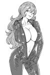  1girl ;) bodysuit breasts catsuit closed_mouth commentary_request cowboy_shot double-parted_bangs full-length_zipper greyscale hair_between_eyes highres large_breasts long_hair looking_at_viewer lupin_iii mine_fujiko monochrome navel one_eye_closed onsen_tamago_(hs_egg) open_bodysuit open_clothes simple_background smile solo standing unzipping very_long_hair zipper zipper_pull_tab 