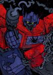 1boy absurdres aiming aiming_at_viewer armor azoinab battle_damage blue_helmet broken_glass commentary english_commentary exposed_internal_machinery exposed_teeth glass gun helmet highres holding holding_gun holding_weapon looking_at_viewer male_focus mecha mecha_focus mechabare optimus_prime red_armor robot robot_boy smoke smoking_barrel solo transformers transformers:_generation_1 transformers_(marvel) upper_body weapon yellow_eyes 
