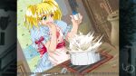  1girl 2000s_(style) anime_coloring apron atelier-moo blonde_hair bow cooking cooking_pot dress explosion failure game_cg green_eyes hair_between_eyes holding_spice_shaker indoors looking_down maria_short medium_hair non-web_source official_art open_mouth puffy_short_sleeves puffy_sleeves red_bow short_sleeves short_twintails smoke solo standing striped_clothes striped_dress surprised twintails v-shaped_eyebrows wide-eyed yuukyuu_gensoukyoku 