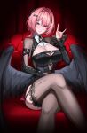  1girl \||/ absurdres black_dress black_wings breasts cleavage commentary_request crossed_legs dress feet_out_of_frame grey_thighhighs hair_intakes hair_ornament hand_up highres huge_breasts korean_commentary long_sleeves looking_at_viewer low_wings medium_hair nail_polish parted_lips pink_eyes pink_hair pink_nails pointy_ears ramiel_(zenless_zone_zero) reikacatfish short_dress sitting smile solo thighhighs very_long_fingernails wings zenless_zone_zero 