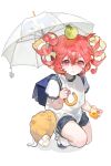  1girl absurdres aged_down apple_on_head apple_peel backpack bag blue_bag chinese_commentary commentary_request donggan_xiao_shayu drill_hair food-themed_hair grey_shorts hair_between_eyes hat highres holding holding_toy holding_umbrella kasane_teto looking_at_viewer on_one_knee parted_lips red_eyes red_hair rubber_duck school_hat shirt shorts simple_background solo t-shirt toy twin_drills umbrella unworn_headwear utau white_background white_shirt white_umbrella yellow_hat 