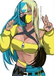  1girl a00_0527 alternate_hairstyle aqua_hair bandeau black_mask blonde_hair blue_eyes breasts canari_(pokemon) cleavage collarbone commentary_request criss-cross_straps dark-skinned_female dark_skin hair_between_eyes hair_down highres jacket large_breasts long_hair long_sleeves looking_at_viewer mask mega_stone mouth_mask multicolored_hair multicolored_nails navel pants pokemon pokemon_legends:_z-a simple_background solo split-color_clothes split-color_hair sports_bra two-tone_hair two-tone_mask two-tone_pants yellow_bandeau yellow_jacket yellow_mask yellow_sports_bra 