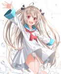  1girl :d \||/ absurdres ahoge ascot atri atri-my_dear_moments- black_ribbon blue_sailor_collar blurry brown_hair commentary depth_of_field dress feet_out_of_frame floating_hair hair_between_eyes hair_intakes hair_ribbon happy he_shan123 highres lens_flare long_hair long_sleeves looking_at_viewer open_mouth outstretched_arms red_ascot red_eyes ribbon sailor_collar sailor_dress short_dress simple_background smile solo standing straight_hair teeth thighs two_side_up upper_teeth_only upskirt very_long_hair waving white_background white_dress wide-eyed wide_sleeves 