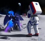 2024 absurd_res ambiguous_gender ambiguous_species american_flag black_clothing black_dress blue_body blue_eyes blue_hair blue_tail breasts cleavage clothed clothing crown dress earth equid equine ethereal_hair ethereal_tail friendship_is_magic hair hasbro headgear hi_res horn mammal moon my_little_pony mythological_creature mythological_equine mythology nasa planet princess_luna_(mlp) sitting spacesuit tail tiara united_states_of_america winged_unicorn wings