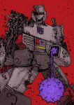  1boy azoinab ball_and_chain_(weapon) battle_damage commentary decepticon energy_weapon english_commentary exposed_internal_machinery feet_out_of_frame flail full_body grey_armor helmet highres looking_at_viewer male_focus mecha mecha_focus mechabare megatron open_mouth red_background red_eyes robot robot_boy solo spike_ball spiked_ball_and_chain standing teeth transformers transformers:_generation_1 upper_teeth_only weapon 