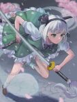  1girl black_bow black_bowtie black_hairband bow bow_hairband bowtie cherry_blossoms commentary flower frilled_skirt frills green_eyes green_skirt green_vest hairband highres hitodama hitodama_print holding holding_sword holding_weapon ilstraight_mima katana konpaku_youmu konpaku_youmu_(ghost) loafers pink_flower print_skirt running sheath shirt shoes short_hair signature skirt socks solo sword touhou vest weapon white_hair white_shirt white_socks youmu_day 