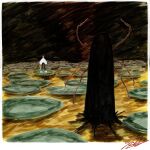  1boy 1other absurdres black_pants cursed_spirit_(jujutsu_kaisen) fine_art_parody full_body highres holding holding_sword holding_weapon jujutsu_kaisen kurourushi_(jujutsu_kaisen) lily_pad long_sleeves markettplayer okkotsu_yuta pants parody puffy_long_sleeves puffy_sleeves shirt standing sword the_beginning_of_life_(kupka) weapon white_shirt 