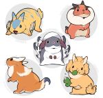  black_eyes blue_eyes cactus circle commentary_request creature creature_focus diablos eating fusion great_izuchi great_wroggi grey_background highres holding ikuchi_osutega monster_hunter_(series) multicolored_fur no_humans open_mouth rabbit rakna-kadaki rearing simple_background striped_fur tigrex whiskers 