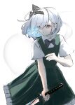  1girl absurdres black_bow black_bowtie black_hairband bow bow_hairband bowtie commentary expressionless frilled_skirt frills green_skirt green_vest hairband highres hitodama holding holding_sword holding_weapon katana konpaku_youmu konpaku_youmu_(ghost) lunati_no shirt short_hair simple_background skirt solo sword touhou untranslatable_commentary vest weapon white_background white_hair white_shirt youmu_day 