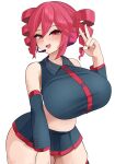  1girl absurdres ahoge breasts collared_shirt commentary_request curvy detached_sleeves drill_hair hair_between_eyes headset highres kasane_teto large_breasts long_sleeves looking_at_viewer midriff miniskirt open_mouth plump red_eyes red_hair red_trim shinonome_zakuro shirt simple_background skirt smile solo thick_thighs thighs twin_drills utau v white_background 