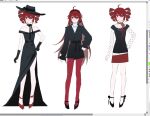  1girl ahoge alternate_hairstyle art_program_in_frame bare_shoulders black_dress black_gloves black_hairband black_hat black_jacket black_shoes collarbone commentary dress drill_hair fashion full_body gloves hairband hand_on_own_hip hat highres jacket jewelry kasane_teto long_hair looking_at_viewer madoka066 multiple_views necklace off-shoulder_dress off_shoulder pants pearl_necklace polka_dot polka_dot_shirt red_eyes red_hair red_pants red_scarf red_shoes red_skirt scarf shirt shoes side_slit skirt twin_drills untranslatable_commentary utau white_shirt 