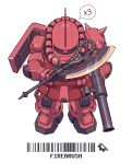  artist_name axe barcode commentary cyclops english_commentary firebrush from_above full_body gundam heat_hawk highres holding holding_axe holding_weapon mecha mecha_focus mobile_suit mobile_suit_gundam no_humans one-eyed red_eyes robot science_fiction signature solo speech_bubble standing weapon zaku_ii zaku_ii_s_char_custom zeon 