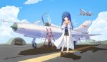  1060476357 1girl absurdres aircraft airplane artist_name artist_self-insert blonde_hair blue_eyes blue_hair blue_jacket blue_sky blush braid brown_shoes character_doll closed_mouth cloud coat commentary contrail cumulonimbus_cloud day doll eyes_visible_through_hair fighter_jet full_body garter_straps grey_skirt hair_between_eyes half_up_braid hands_up highres holding holding_doll irotoridori_no_sekai jacket lab_coat loafers long_hair long_sleeves looking_at_viewer military_vehicle miniskirt mountainous_horizon nikaidou_shinku open_clothes open_coat original outdoors plaid_clothes plaid_skirt pleated_skirt red_eyes school_uniform shadow shoes skirt sky solo standing straight_hair thighhighs watermark white_coat white_thighhighs wide_sleeves zettai_ryouiki 