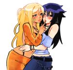  2girls alternate_universe averting_eyes bead_necklace beads belt black_choker black_eyes black_hair blonde_hair blue_eyes blush bra bra_peek bra_strap bracelet breasts chain choker cleavage commentary contemporary cropped_shirt denim double-parted_bangs english_commentary face_piercing facial_mark finger_to_another's_mouth g-string genderswap genderswap_(mtf) goldenastrum grey_shirt hand_on_another's_hip hand_on_another's_waist jacket jeans jewelry long_hair makeup midriff midriff_peek multiple_girls naruto_(series) navel_piercing necklace nose_piercing off-shoulder_shirt off_shoulder open_mouth orange_jacket orange_pants orange_track_suit pants piercing rouge_(makeup) shirt sidelocks simple_background smile spiked_hair straight_hair tan thong track_suit two_side_up uchiha_sasuke underwear uzumaki_naruto wallet_chain whisker_markings yuri 