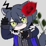  1boy animal_ears arknights black_gloves black_hair black_necktie blue_coat blue_hair chibi coat commentary_request flower fur_trim gloves green_eyes grey_background hair_between_eyes infection_monitor_(arknights) jacket kurloves long_sleeves looking_at_viewer lowres male_focus meme motion_blur necktie no_mouth red_flower red_rose rose shirt simple_background solo tail throwing upper_body vigil_(arknights) woe_plague_be_upon_ye_(meme) wolf_boy wolf_ears wolf_tail yellow_eyes 