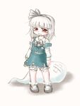  1girl black_bow black_bowtie black_hairband black_shoes bow bow_hairband bowtie chibi commentary_request crossed_bandaids echigo_yaya frilled_socks frills full_body green_skirt green_vest hairband hitodama hitodama_print konpaku_youmu konpaku_youmu_(ghost) medium_hair print_shirt print_skirt red_eyes sad shirt shoes skirt socks solo standing tearing_up torn_clothes torn_shirt torn_skirt touhou vest wavy_mouth white_hair white_shirt 