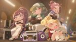  4girls absurdres ahoge alternate_costume arco_(trickcal) barong_(trickcal) baseball_cap black_choker black_hair black_pants black_pantyhose black_shorts blonde_hair blowing_bubble_gum blue_eyes blunt_bangs blush_stickers boombox braid bun_with_braided_base car chewing_gum chibi chibi_only choker closed_mouth commentary_request contemporary crop_top cropped_jacket dolphin_shorts double_bun dragon_ears dragon_girl dragon_horns dragon_tail dragon_wings earrings english_commentary english_text forehead frown graffiti green_jacket hair_bobbles hair_bun hair_ornament hat high_ponytail highres hood hoodie horns humano jacket jewelry joanne_(trickcal) knees_up korean_commentary loose_socks mixed-language_commentary mole mole_under_eye motor_vehicle multicolored_hair multiple_girls narrowed_eyes navel open_mouth pants pantyhose pira_(trickcal) ponytail punk purple_hair red_eyes red_hoodie road shoes shorts sitting smile sneakers socks speaker stomach streaked_hair street tail trickcal tunnel white_pants white_shoes white_socks wings yellow_eyes 