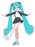  1girl aqua_hair aqua_nails aqua_necktie black_jacket black_skirt full_body hatsune_miku highres jacket long_hair looking_at_viewer monster_l_(hochihochiha) nail_polish necktie outstretched_arms pleated_skirt shirt shoes simple_background skirt sneakers socks solo spread_arms standing standing_on_one_leg twintails vocaloid white_background white_shirt white_socks 