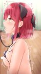  1girl ahoge armpit_crease bikini bikini_top_lift black_bikini black_collar black_hairband black_ribbon blush braid breasts censored censored_nipples clothes_lift collar commentary_request cum cum_in_mouth cum_on_tongue from_side hair_ribbon hairband half_up_braid heart highres leash medium_breasts medium_hair open_mouth original ramchi red_hair ribbon sidelocks spoken_heart step-sister-chan_(ramchi) string_bikini sweat swimsuit tears tongue tongue_out trembling upper_body yellow_eyes 