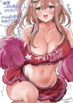  1girl alternate_costume breasts brown_hair cheering cheerleader clothes_writing collarbone commentary_request cowboy_shot crop_top crop_top_overhang hair_between_eyes high_side_ponytail highres holding holding_pom_poms kantai_collection large_breasts midriff miniskirt mizuta_kenji navel pom_pom_(cheerleading) ponytail revision saratoga_(kancolle) shirt side_ponytail sidelocks skirt sleeveless sleeveless_shirt solo sweat twitter_username white_background 