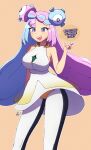  1girl bare_arms black_leggings blue_hair blush bow-shaped_hair character_hair_ornament chest_jewel cosplay dress english_commentary english_text gem gradient_clothes gradient_dress green_gem hair_ornament half-closed_eyes highres iono_(pokemon) leggings long_hair lusamine_(pokemon) lusamine_(pokemon)_(cosplay) magnemite multicolored_hair pink_hair pokemon pokemon_scarlet_and_violet pokemon_sun_and_moon raised_eyebrows sharp_teeth short_dress sleeveless sleeveless_dress smile solo split-color_hair tedtbh teeth two-tone_leggings white_dress white_leggings 