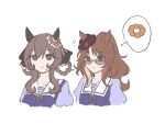  2girls animal_ears arrow_(symbol) bow bowtie braid braided_hair_rings brown_hair closed_mouth commentary_request cropped_torso donut ear_covers ears_through_headwear fedora food forever_young_(umamusume) gentildonna_(umamusume) green_eyes hair_between_eyes hair_ornament hair_rings hat heart-shaped_ornament heart_ear_ornament highres horse_ears horse_girl long_hair looking_at_another moshikashite_s multicolored_hair multiple_girls puffy_short_sleeves puffy_sleeves purple-tinted_eyewear purple_bow purple_bowtie purple_shirt red-tinted_eyewear red_eyes red_streaks sailor_collar sailor_shirt school_uniform shirt short_sleeves simple_background speech_bubble streaked_hair sunglasses sweatdrop thought_bubble tinted_eyewear tracen_school_uniform umamusume white_background white_sailor_collar white_streaks 
