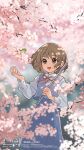  1girl :d arisa_(aren) bird blue_skirt blue_vest blurry blurry_background blurry_foreground brown_hair buttons cherry_blossoms collared_shirt commentary_request dappled_sunlight depth_of_field falling_flower falling_petals feet_out_of_frame flower flute green_bird hand_up highres holding holding_flute holding_instrument instrument long_sleeves looking_ahead looking_at_animal medium_skirt neck_ribbon open_hand open_mouth original outdoors petals pink_eyes pink_flower pink_petals pleated_skirt red_ribbon ribbon shirt short_hair skirt smile solo sunlight tree vest watermark white_shirt 