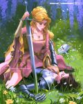  2girls armor artist_name blonde_hair brown_eyes brown_hair commentary dress earrings english_commentary flower gauntlets grass heart heart_necklace highres instagram_logo jewelry multiple_girls necklace noririnhayashi on_ground original pink_dress shoulder_armor straddling twitter_x_logo wisteria 