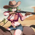  1girl alternate_costume bandana bandana_around_neck belt bilingual_commentary blue_shorts breasts brown_gloves brown_hat brown_horse cleavage commentary contemporary cowboy cowboy_hat day desert ehehe52921343 gloves green_hair gun hat highres holding holding_gun holding_weapon horse horseback_riding kazami_yuuka korean_commentary large_breasts midriff mixed-language_commentary navel red_eyes red_shirt riding saddle shirt shorts shotgun solo sweat tied_shirt touhou weapon yellow_bandana 