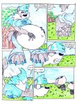2008 after_vore anthro belly big_belly blue_clothing blue_hair blue_shirt blue_topwear canid canine canis clothing comic domestic_pig female female_pred group hair mammal outside overweight shirt speech_bubble suid suine sus_(pig) text topwear trio virus-20 vore wendy_wolf_(virus-20) wolf