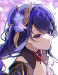  1girl armor blunt_bangs blurry braid breasts cherry_blossoms cleavage close-up closed_mouth commentary depth_of_field falling_petals flower genshin_impact hair_ornament haru_sakura3915 highres leaning_to_the_side looking_at_viewer mole mole_under_eye neck_ribbon outdoors petals purple_eyes purple_hair raiden_shogun red_ribbon ribbon shade shoulder_armor single_braid solo upper_body wisteria 