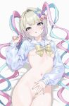  1girl :o \||/ bandaid bandaid_on_pussy bandaids_on_nipples blonde_hair blue_eyes blue_hair blue_nails blue_shirt blunt_bangs bow bowtie breasts chouzetsusaikawa_tenshi-chan clothes_lift commentary_request cowboy_shot eyelashes hair_bow hair_intakes hair_ornament hand_up heart heart_hair_ornament highres inami_(x_spidekawaii_x) iridescent_clothes long_hair long_sleeves lying multicolored_hair multicolored_nails multiple_hair_bows nail_polish navel needy_girl_overdose on_back open_mouth paid_reward_available partially_visible_vulva pasties pink_hair pink_nails purple_hair quad_tails sailor_collar school_uniform serafuku shadow shirt shirt_lift small_breasts solo stomach thigh_gap very_long_hair yellow_bow yellow_bowtie yellow_nails 