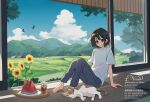  1girl animal aqua_eyes arisa_(aren) barefoot bird black_hair blue_pants blue_sky bug building cat closed_mouth cloud commentary_request crew_neck cumulonimbus_cloud cup day double-parted_bangs dragonfly drinking_glass field flower full_body glass_door hand_on_floor hill ice ice_cube knees_up looking_at_viewer open_door original pants pillow plate rural shirt short_hair short_sleeves sitting sky sleeping_animal sliding_doors smile soda solo summer sunflower sunlight tatami toes tree twitter_username untucked_shirt watermark white_shirt window_blinds wooden_floor yellow_flower 
