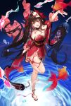  1girl aile_(crossroads) breasts commentary_request dress fish flower_tattoo flying_fish fox_mask highres honkai:_star_rail honkai_(series) long_hair looking_at_viewer mask mask_on_head purple_eyes red_dress salmon sandals shibari small_breasts smile solo sparkle_(honkai:_star_rail) standing standing_on_liquid tattoo toes twintails very_long_hair 