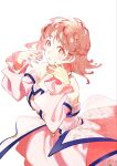  1girl bare_shoulders bead_hairband beads braid breasts brown_eyes brown_hair commentary_request cowboy_shot detached_sleeves dress frilled_sleeves frills half_up_braid highres homare_(homaredai) idolatry long_sleeves looking_at_viewer medium_breasts official_art open_mouth pink_dress simple_background sleeveless sleeveless_dress solo tsukishiro_fuwari white_background 