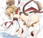  :o all_fours andira_(granblue_fantasy) barefoot blonde_hair chaostein erune feet from_behind granblue_fantasy kneeling looking_at_viewer looking_back monkey_tail petals short_hair soles solo staff tail thighhighs yellow_eyes 