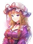  black_bra blonde_hair bra breasts choker cleavage corset dress embellished_costume hair_ribbon hat hat_ribbon highres long_hair looking_at_viewer medium_breasts minust mob_cap purple_eyes ribbon simple_background smile solo touhou underwear upper_body wavy_hair yakumo_yukari 