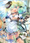  :d anchor apron bad_id bad_pixiv_id belt blue_eyes blue_hair fingerless_gloves gloves gradient_hair green_eyes long_hair multicolored_hair one_eye_closed open_mouth scar skirt smile solo_focus thighhighs tray twintails vest waist_apron yamisawa 