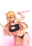  2016 ;d absurdres ahoge armpits artist_name bare_arms bare_shoulders bell black_bra black_panties blonde_hair blue_eyes blush bra breasts cat_ear_panties cat_lingerie choker cleavage cleavage_cutout collarbone cowboy_shot dated detached_sleeves english fang frilled_bra frills gradient gradient_background hand_on_thigh highres iowa_(kantai_collection) jingle_bell kantai_collection large_breasts leaning_forward long_hair lslee meme_attire navel one_eye_closed open_mouth panties shiny shiny_skin side-tie_panties simple_background smile solo standing star star-shaped_pupils stomach symbol-shaped_pupils tareme tooth underboob underwear underwear_only white_background 
