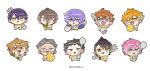  6+boys :3 :d aqua_hair beard black_hair blue_eyes blush_stickers brown_eyes brown_hair chibi chibi_only chinstrap_beard commentary_request copyright_notice crossed_bangs earrings facial_hair fangs food fork fruit fushimi_gaku glasses gradient_hair green_eyes green_hair grey_eyes grey_hair grey_pants grey_shirt hanabatake_chaika holding holding_food holding_fork holding_fruit holding_spoon hoshirube_sho jewelry jitome kagami_hayato kenmochi_touya kitami_yusei lemon lemon_slice long_hair looking_at_viewer maimoto_keisuke male_focus mole mole_under_eye multicolored_hair multiple_boys nijisanji official_alternate_costume official_art orange_eyes orange_hair oversized_food oversized_fork oversized_object oversized_spoon pants pink_hair purple_hair sample_watermark shirt short_hair simple_background smile spoon stud_earrings sumeragi_reo suzuki_yui usami_rito virtual_youtuber watermark white_background yashiro_kizuku yellow_pants yellow_shirt 