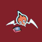  blue_eyes closed_mouth commentary crossover crying crying_with_eyes_open danganronpa_(series) danganronpa_3_(anime) english_commentary full_body handheld_game_console highres nanami_chiaki pokemon pokemon_(creature) pokemon_focus red_background rotom rotom_(normal) simple_background solo spoilers suraelis tears 