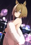  1girl absurdres animal_ears astra_chichi bare_shoulders blue_eyes blurry blush bokeh breasts bright_pupils brown_hair cheval_grand_(umamusume) closed_mouth commentary_request crossed_bangs depth_of_field dress feather_boa from_side hair_between_eyes hair_intakes highres horse_ears horse_girl large_breasts looking_at_viewer multicolored_hair night short_hair short_hair_with_long_locks sidelocks sleeveless sleeveless_dress solo streaked_hair umamusume white_dress white_pupils white_streaks 
