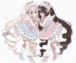  2000s_(style) 2girls absurdly_long_hair ahoge angel angel_wings angel_wings_hair_ornament animal_ears back_bow bare_shoulders bell blonde_hair blue_bow blue_choker blue_dress blue_ribbon bow brown_eyes brown_hair cat_ears cat_girl cat_tail choker commentary commission dress english_commentary faux_retro_artstyle feathered_wings fluffy_tail full_body grey_eyes hair_between_eyes hair_ornament hairband hairclip halo heart heart_ahoge heart_hair_ornament holding_hands interlocked_fingers kneehighs layered_dress leg_ribbon light_blush lolita_hairband long_hair looking_at_viewer matching_outfits mole mole_under_eye mole_under_mouth multiple_girls open_mouth original pink_bow pink_choker pink_dress pink_ribbon pink_shoes ribbon shoes siblings simple_background single_kneehigh single_sock single_thighhigh socks standing sugarydolly tail tail_ornament tail_ribbon thigh_ribbon thighhighs twins twintails very_long_hair watermark white_background white_socks white_thighhighs white_wings wings wrist_cuffs 