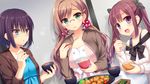  3girls black_hair blue_eyes blush bow brown_hair dress female food game_cg glasses green_eyes hair_bow highres jk_trouble_main&quot;s k.y_ko long_hair multiple_girls open_mouth purple_eyes purple_hair serizawa_hisa serizawa_tomoka shinozuka_emi short_hair trio twintails 