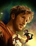  1boy alien astronaut beard beard_stubble casual facial_hair galaxy highres messy_hair pippin_pie project_hail_mary rocky_(project_hail_mary) ryland_grace spacesuit stubble 