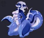  6_breasts 6de6vil anthro aquatic artist_logo blue_body breasts female fin fish genitals hair hi_res logo multi_breast multi_nipple multicolored_body nipples pawpads shark sitting solo tail tail_fin vulva white_body white_hair 