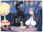  1girl ban blue_hair brain breasts candle candlelight collarbone eating food gijou_mitsumi helmet lady_and_the_tramp large_breasts long_hair looking_at_viewer nagaoka_souun parody pasta ponytail skin_tight skull spaghetti tokyo_necro yakisoba yellow_eyes 