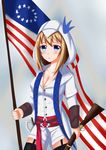  absurdres adapted_costume american_flag assassin's_creed_(series) assassin's_creed_iii belt blonde_hair blue_eyes blush breasts buckle cleavage cloak commentary_request connor_kenway connor_kenway_(cosplay) cosplay cowboy_shot garter_straps gun highres historical_american_flag holding holding_gun holding_weapon hood hooded_cloak lexington_(zhan_jian_shao_nyu) long_sleeves looking_at_viewer rifle solo standing tareme thighhighs weapon xiao_qi zhan_jian_shao_nyu 
