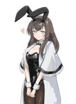  1girl animal_ear_hairband animal_ears arknights black_bow black_bowtie black_hairband black_leotard blush bow bowtie breasts bright_pupils brown_eyes brown_hair brown_pantyhose cleavage closed_mouth commentary_request cowboy_shot fake_animal_ears hairband heart highres lab_coat leotard long_hair looking_at_viewer mukipero oekaki open_clothes paint_chat_(medium) pantyhose playboy_bunny priestess_(arknights) rabbit_ear_hairband rabbit_ears simple_background small_breasts smile solo standing traditional_bowtie v_arms white_background white_pupils wrist_cuffs 